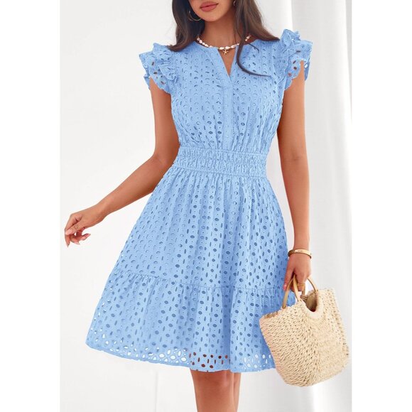 Women's Light Blue V Neck Eyelet Cap Sleeve Summer Beach Vacation Sundresseses - Picture 8 of 8